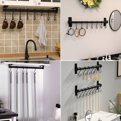 Dseap Kitchen Utensil Holder Hanger, Pot and Pan Rack Wall Mounted, Kitchen Rail with 8 Hooks for Hanging Cooking Utensils, Mugs, Spoons, Wall Mounted, Black - color: Black