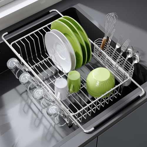 JASIWAY Stainless Steel Dish Drying Rack in Sink with Metal Utensil Holder - color: Silver, size: For 12"-30"w Sink, with Metal Utensil Holder
