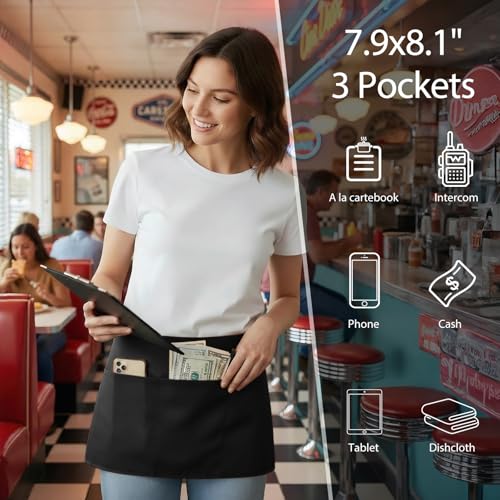 BOHARERS Waist Apron with 3 Pockets - Black Waitress Waiter Server Short Aprons - color: B-2 Pack Black