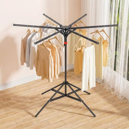 4-Leg Clothes Drying Rack with 6 Adjustable Poles, 20 Windproof Hooks and 2 Sock Clips Foldable Laundry Drying Rack, Space-Saving Indoor/Outdoor Clothes No-Installation Drying Stand, Black