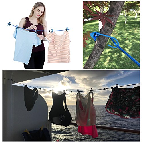 Portable Clothesline with 12 Clothespins,Travel Retractable Clothesline,Wind-Proof Clothes Drying Line for Camping Hotel Indoor & Outdoor Blue - size: Blue