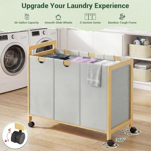 Homykic 250L Laundry Sorter with Wheels, 3-Section Laundry Hamper, Grey - color: Grey