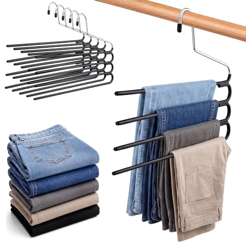 Unittype 5 Pack Space Saving Pants Hangers, 4-Tier Multi Layer S-Shape Closet Organizers, Non-Slip Metal Jeans Rack for Slacks Trousers Scarf, Heavy Duty Wardrobe Storage System (Black) - color: Black