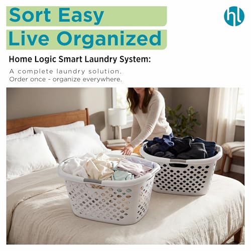 Home Logic 1.75 Bushel Plastic Laundry Basket with Hip Grip, Large Laundry Hamper with Handles, Ventilated Clothes Organizer for Bedroom Bathroom Closet, 2 Pack, White - size: 1.75 Bushel
