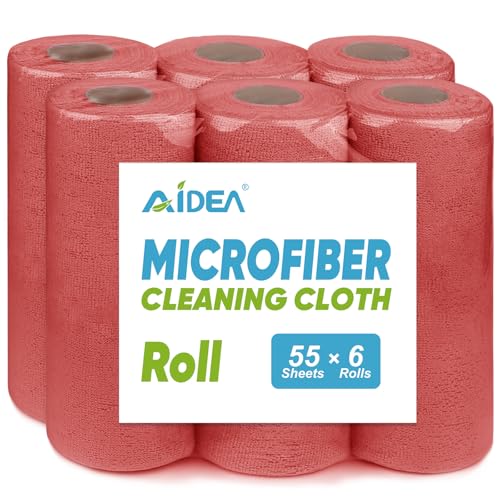 AIDEA Microfiber Cleaning Cloth-330 Sheets 6 Roll, Red Shop Rags 11×9" - color: Red, size: 55 Count (Pack of 6)