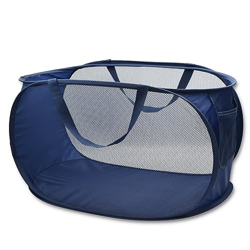 Sturdy Mesh Laundry Hamper Basket Bag,collapsible Pop up for Laundry Room - color: Navy Blue, size: Pop Horizontal