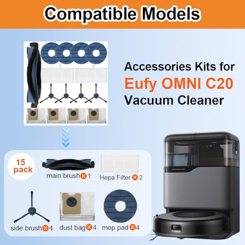 15pack Omni C20 Accessories, Replacement Parts Compatible with Eufy Omni C20 Robot Vacuum Cleaner, 1 Set Main Brush, 2 HEPA Filter, 4 Side Brushes, 4 Mop Pad, 4 Dust Bags - size: 15pc