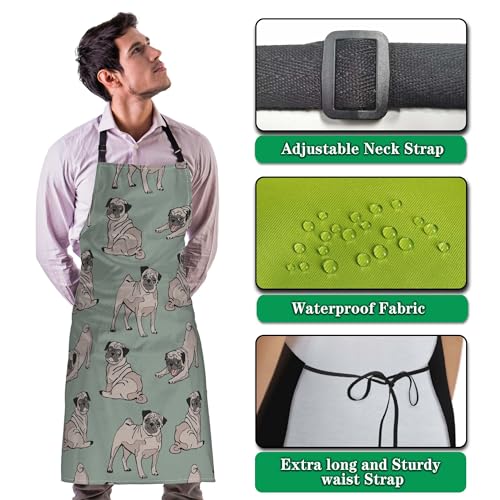 Garden Apron for Women Cute Dogs Pug Fun Aprons for Men for Kitchen Cooking Restaurant BBQ Painting Crafting Gardening 27” (W) x 31” (H), Waterproof Aprons - color: Cute Dogs Pug