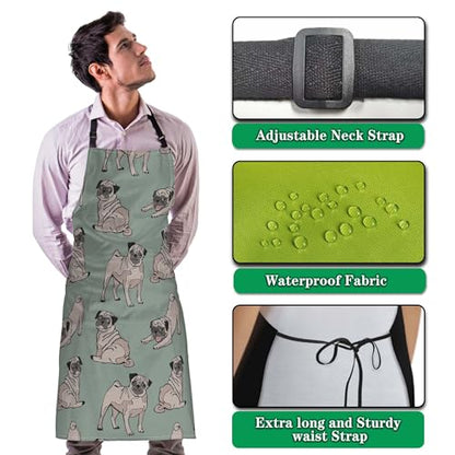 Garden Apron for Women Cute Dogs Pug Fun Aprons for Men for Kitchen Cooking Restaurant BBQ Painting Crafting Gardening 27” (W) x 31” (H), Waterproof Aprons - color: Cute Dogs Pug