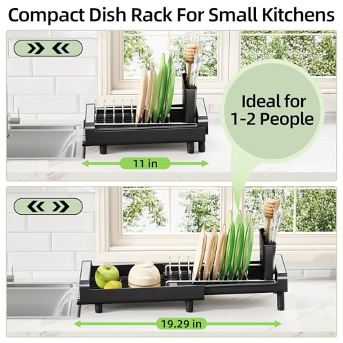 TOOLF Small Dish Drying Rack, Expandable and Space-Saving, Matte Black - color: Matte Black