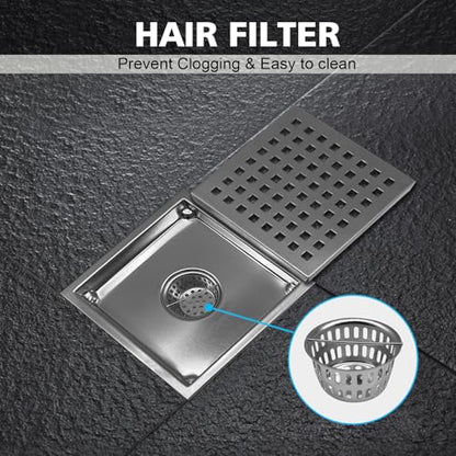 4 Inch Square Shower Drain with Flange, Removeable Grate SUS 304 Stainless Steel Shower Drain with Hair Catcher (Brushed Nickel, 4 Inch) - color: Brushed Nickel, size: 4 Inch
