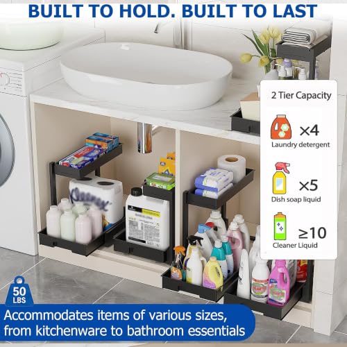 BLULEE 2 Pack Under Sink Organizer, Adjustable Pull Out Storage Rack