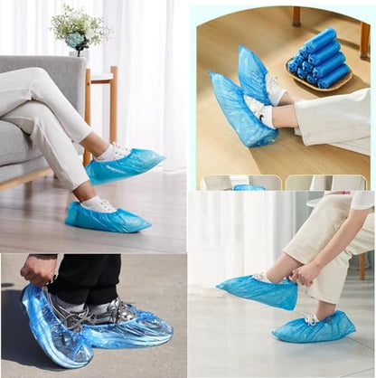 100 Pack Shoe Covers Disposable Non Slip, Premium Waterproof and Recyclable Shoe Booties Covers for Indoors, Fits Up To 9 US Men and 11 US Women Size, 50 Pairs Elastic Caps Plastic Shoe Covers