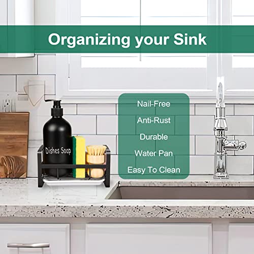 TEZZ Sponge Holder for Kitchen Sink- Stainless Steel Kitchen Sink Caddy for Organizing Sponge, Brush & Soap Dish Dispenser, coutertop Organizer Rack with Adhesive or Counter top, Black - color: Black, size: Sponge Holder