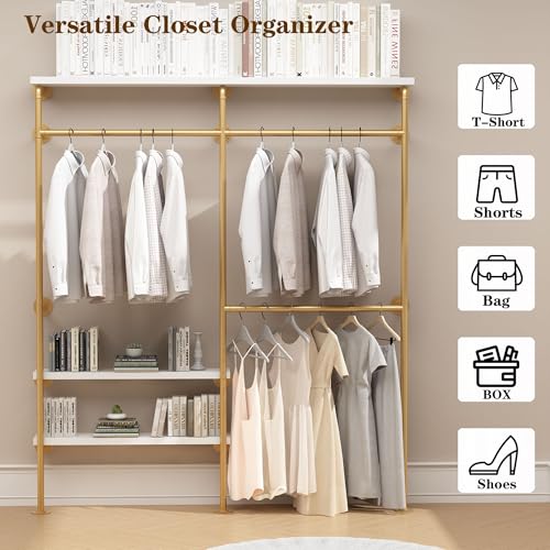 HOMEKAYT Industrial Pipe Clothes Rack with Shelves, Gold Clothing Rack Wall Mounted Heavy Duty Multi-Purpose Storage Clothes Hanging Shelf - 70.8''L Gold - color: gold, size: 70.8''L-A
