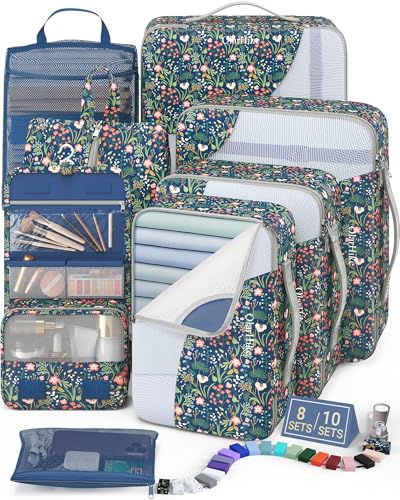 OlarHike Packing Cubes for Travel,Gifts for Women Mom,Anti-Tearing Suitcase Organizer for Luggage with Shoe & Hanging Toiletry Bag,Vacation Essentials,8 Set,Dark Blue Floral - color: 10 Dark Blue Floral