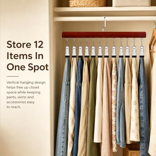 2 Pack Hanging Closet Organizer with 12 Clip, Wooden Pants and Leggings Hangers with 360° Rotating Hook, Space-Saving Vertical Rack for Jeans, Skirts, Scarves and Socks