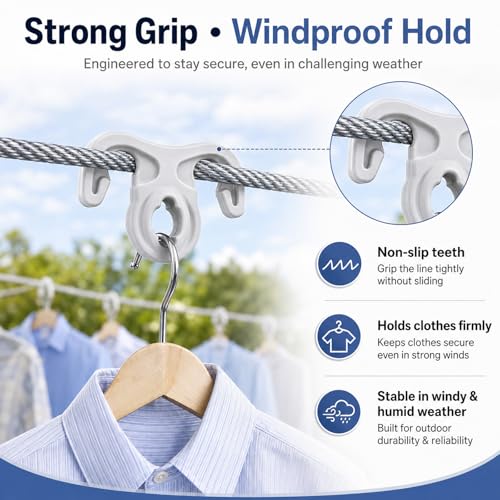 40 Pcs Clothesline Hanger Hooks, Windproof Hanger Hook Ups for Outdoor Clotheslines, Strong Grip ABS Laundry Hooks for Clothes Hangers, No Clothespin Marks, Fits Retractable and Rotary Clotheslines