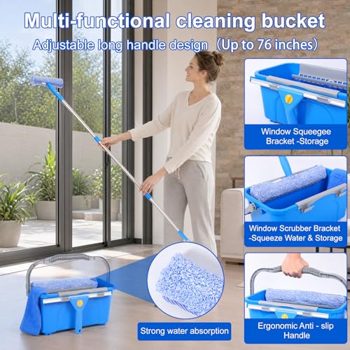 Professional Window Cleaning Kit with Bucket 3 Gallon, 76" Long Handle Squeegee and Microfiber Scrubber, High Window Washing Equipment for Indoor Outdoor, Commercial, Home, Car