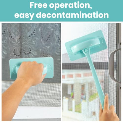 Window Screen Cleaner & Track Cleaning Kit – Mesh Screen Cleaning Brush + 3 Groove Brushes & 6 Replacement Cleaning Cloths – 14.8″ Detachable Long-Reach Handle, Wet & Dry Dual-Use