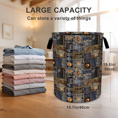 Denim Pattern Laundry Basket Waterproof Laundry Hamper Foldable Laundry Bag with Handles for Bedroom, Bathroom, Office, Clothes Storage - color: Denim Pattern