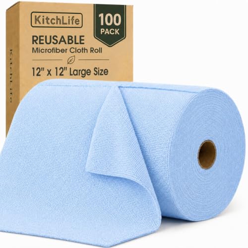 Microfiber Cleaning Cloth Roll, 100 Pack 12 x 12 Inch Tear Away Reusable Paper Towels, Thick Cleaning Towels, Absorbent Lint Free Washable Rags for Kitchen, Car, Garage and Workshop - Blue - color: Blue