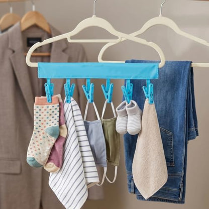 Mini Clothespins Travel Hangers 3-Pack: Foldable Portable Clothes Hangers w/ 6 Clips for Swimsuit, Towel & Sock Drying Rack - Cruise, Dorms, Travel (Black, Blue, Red) - color: Black, Blue, Red