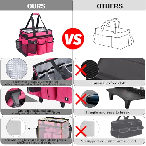 Rolling Cleaning Caddy Bag Built-in Hard Plastic Sheet Detachable Trolley - color: Rose Red