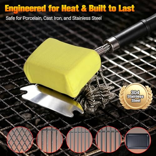 3-in-1 Bristle-Free Grill Brush & Scraper with Safety Sponge, 18" Detachable Long Handle BBQ Cleaner for Heavy Duty Grime, Summer BBQ & Outdoor Party Essential (Black) - color: Black