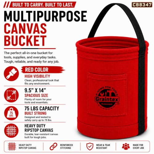 Graintex Canvas Utility Bucket 9.5"x14", Round Tool Bucket, Reinforced Base & Carry Handle, Ripstop Canvas, Ideal Multi-Purpose Bag for Jobsite, Gardening, Home Use, Tool Storage (Red) - color: Red