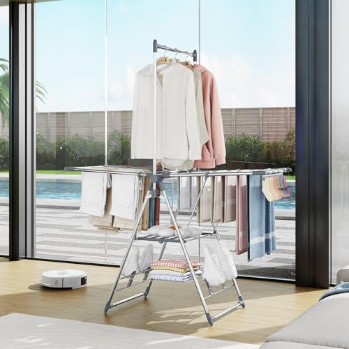 APEXCHASER Clothes Drying Rack with High Hanger, 3-Level Drying Racks - color: Gray, size: 2 Wings