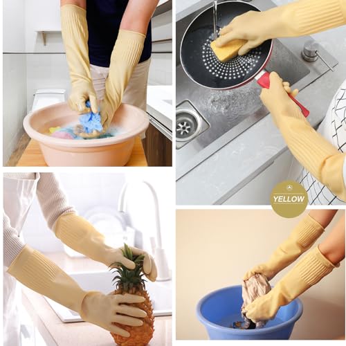 Bamllum 3 Pairs of Rubber Dishwashing Gloves for Kitchen and Household Cleaning – Long Cuff 15", Reusable, Flexible Long-lasting and Non-Slip (Red+Yellow+Green, X-Large) (Pack of 2) - size: XL(Best for Large Hands) (Pack of 2)