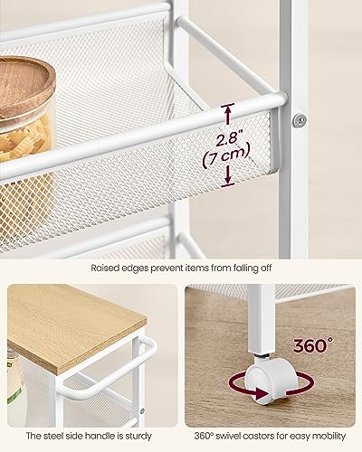 VASAGLE 4-Tier Slim Rolling Storage cart with Wheels, 8.7 Inches, Metal - color: Oak Beige + Classic White, size: 4 Tiers (8.7"D x 30.3"H)