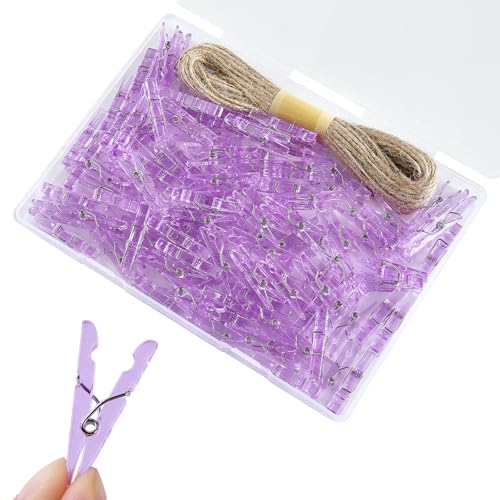 100 Pcs Purple Clothes Pins 1.4 Inch Mini Plastic Clothespins with 33 Ft Jute Twine Small Tiny Clips for Baby Shower Photos Christmas Cards DIY Crafts Party Decorations - color: Purple