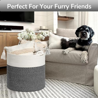 Goodpick Woven Rope Blanket Basket Living Room, 40L, Dark Grey - color: Dark Gray, size: 15 × 14.2 inches