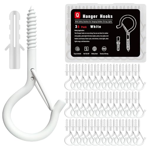 36 Pack White Screw Hooks with Safety Buckle - 2.3 Inch Rustproof Eye Ceiling Hooks for Hanging Plants,Outdoor String Lights,Baskets,Christmas Lights & Decor,40lb Capacity (36, White) - color: White