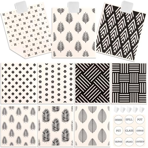 Lucomb 10 Pack Swedish Dish Cloths Reusable for Kitchen, Super Absorbent Kitchen Dishcloth Decorative, Quick Drying Cleaning Cloths Replace Paper Towels for Washing Dishes - color: 10 Pack-geometry Prints+ Clips