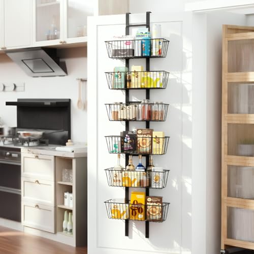 6-Tier Over The Door Organizer Metal Spice Rack Hanging Storage Pantry Organizer with Adjustable 6 Baskets, Space-Saving Behind Door Shelf for Kitchen, Bathroom, Laundry Room, Black - color: Black, size: 6-Tier