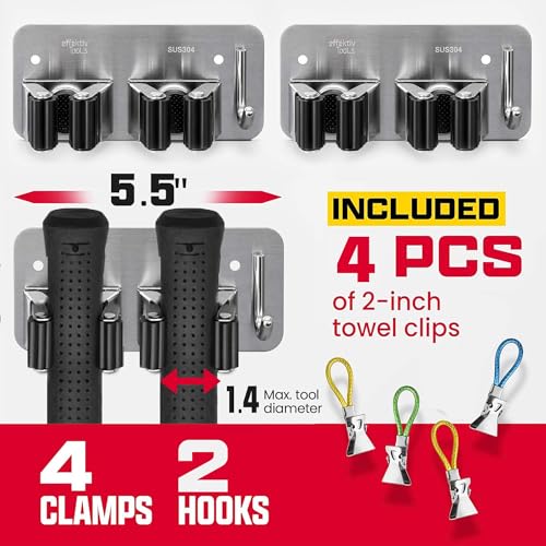 2 Pack Wall Mount Hanger for Brooms & Mops - Heavy Duty Adhesive Stainless Steel Utility Holder for Mops & Brooms, 2 Clamps, 1 Hook, & 4 Towel Hangers for Cleaning Organization & Storage - color: 2 Pack - 2 Clamps