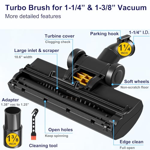Portek Turbo Brush Head for 1-1/4" and 1-3/8" Vacuum Cleaners, Air-Driven Floor Nozzle Attachment with Adapter and Cleaning Tool for Pet Hair Removal on Carpets and Hard Floors
