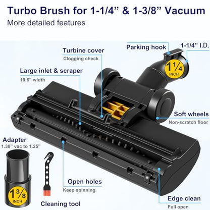 Portek Turbo Brush Head for 1-1/4" and 1-3/8" Vacuum Cleaners, Air-Driven Floor Nozzle Attachment with Adapter and Cleaning Tool for Pet Hair Removal on Carpets and Hard Floors