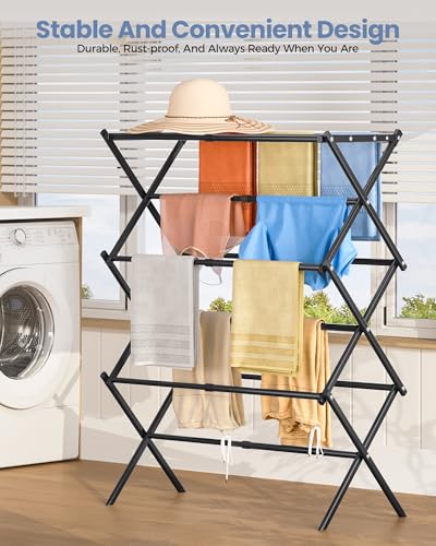 APEXCHASER Oversize 3-Tier Clothes Drying Rack, No Install, Black - color: Black