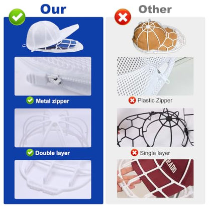 Baseball Cap Washer Frame for Washing Machine, Hat Washer Cage for Flat and Curved Hats with Mesh Laundry Bag, White PP Plastic, Fits Adult and Kids, 2 Pack
