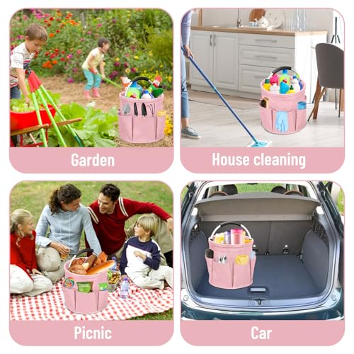 17L Cleaning Caddy with Handle, Foldable Cleaning Supply Caddy with 6 Pockets Cleaning Caddy Bag for Outdoor Camping Garden Harvest Basket Bathroom Storage (Pink) - color: Pink