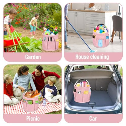 17L Cleaning Caddy with Handle, Foldable Cleaning Supply Caddy with 6 Pockets Cleaning Caddy Bag for Outdoor Camping Garden Harvest Basket Bathroom Storage (Pink) - color: Pink