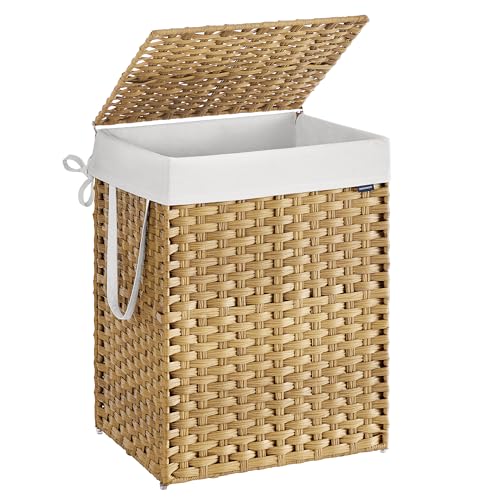 SONGMICS Laundry Hamper with Lid, 29 Gal (110 L) Synthetic Rattan,Foldable - color: Goose Yellow, size: 110 L