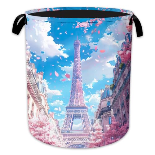Eiffel Tower Laundry Hamper, Pink Blossom Laundry Baskets, Waterproof Oxford Cloth for Room/Bathroom/Bedroom/Dormitories 16x20.8 Inch - color: Eiffel Tower