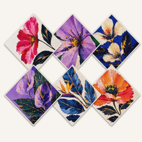 Shwing Swedish Dishcloths 6 Pack Reusable Paper Towels Floral Flower Design Kitchen Towels Dish Cloths for Washing Dishes Dish Towels for Kitchen Washable Quick Drying Super Absorbent Cleaning Cloths - color: Floral