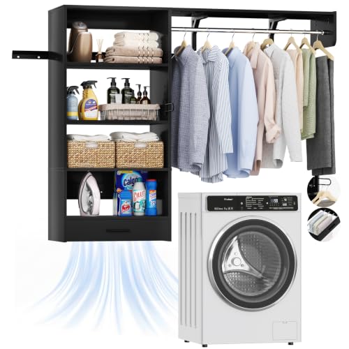 Armocity 60" Wall Mounted Laundry Room Organization with Pull-Out Towel Rack, 5FT Over Washer and Dryer Shelves with Hanging Rod and Storage Shelf, Wood Laundry Room Organization and Storage, Black - color: Black