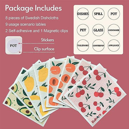 Eulnars Swedish Dishcloths for Kitchen, 8 Pack Reusable Paper Towels with Clips, Non-Scratch Swedish Kitchen Towels, Super Absorbent Cellulose Sponge Cloths, Dishwasher Safe, No Odor - color: Fruit Party